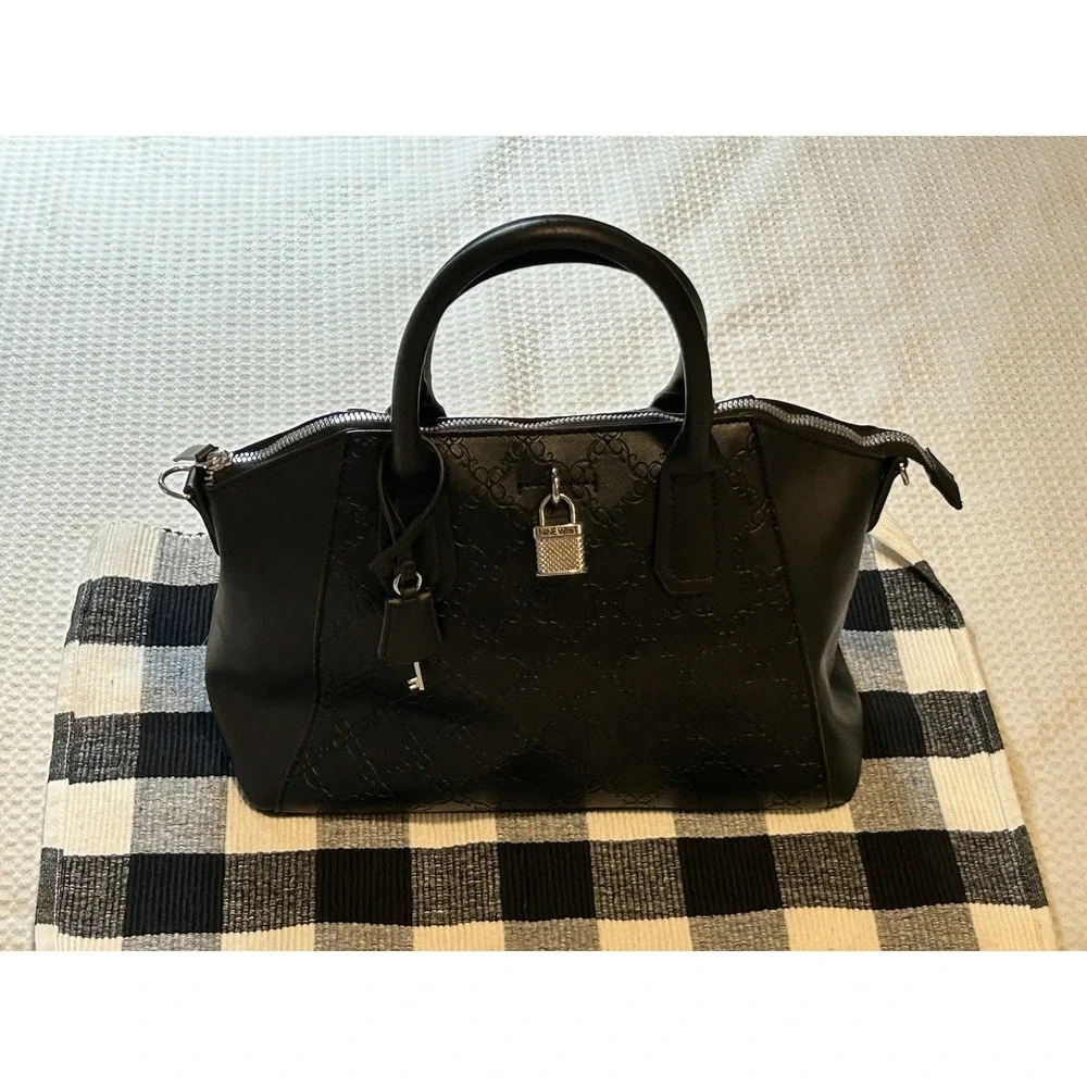 Nine West - Patterned - Solid Black - Satchel- Hand Bag W/Lock + Key Decor